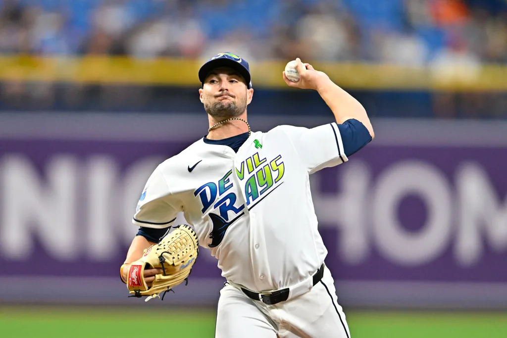May 1, 2026; St. Petersburg, Florida, USA; Tampa Bay Rays pitcher Shane McClanahan (18) throws a pitch during the first inning against San Francisco Giants at Tropicana Field. Mandatory Credit: Pablo Robles-Imagn Images