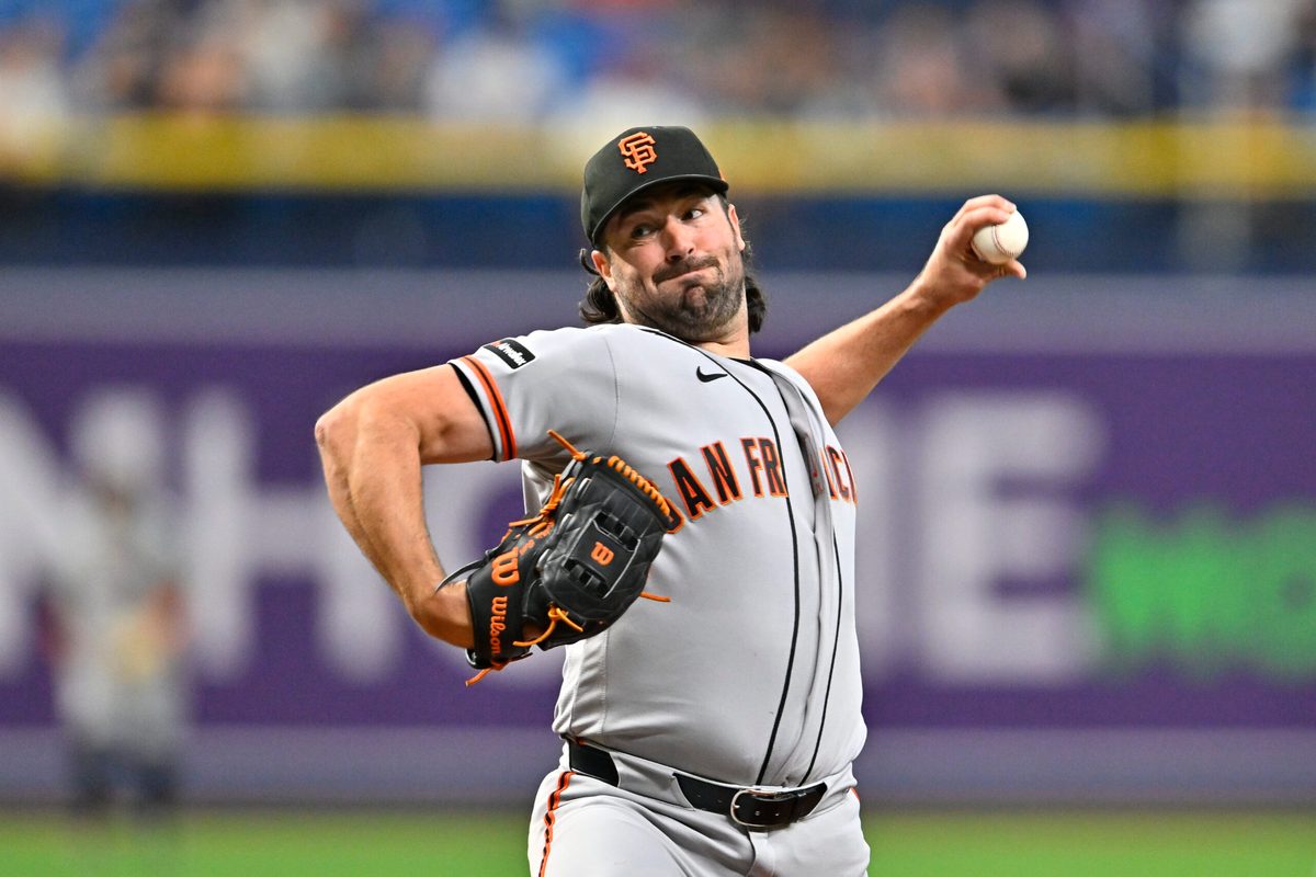 May 1, 2026; St. Petersburg, Florida, USA; San Francisco Giants pitcher Robbie Ray (38) throws a pitch during the first inning against Tampa Bay Rays at Tropicana Field. Mandatory Credit: Pablo Robles-Imagn Images