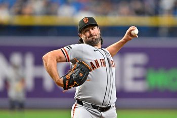May 1, 2026; St. Petersburg, Florida, USA; San Francisco Giants pitcher Robbie Ray (38) throws a pitch during the first inning against Tampa Bay Rays at Tropicana Field. Mandatory Credit: Pablo Robles-Imagn Images
