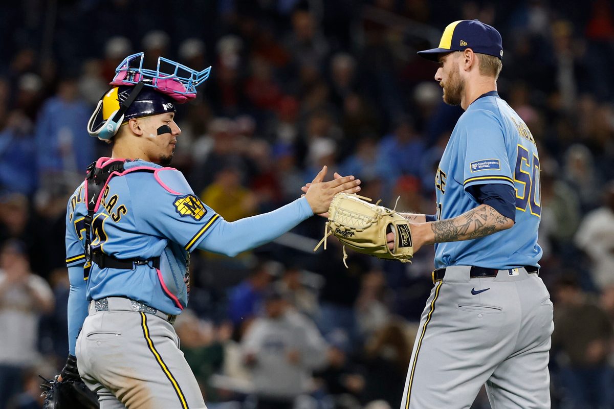 May 1, 2026; Washington, District of Columbia, USA; Milwaukee Brewers catcher William Contreras (24) celebrates with Brewers relief pitcher Easton McGee (50) after the final out against the Washington Nationals at Nationals Park. Mandatory Credit: Geoff Burke-Imagn Images