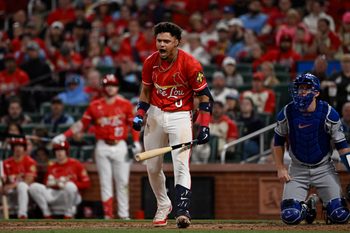 May 1, 2026; St. Louis, Missouri, USA; St. Louis Cardinals shortstop Masyn Winn (0) reacts after being hit by a pitch by the Los Angeles Dodgers in the seventh inning at Busch Stadium. Mandatory Credit: Joe Puetz-Imagn Images