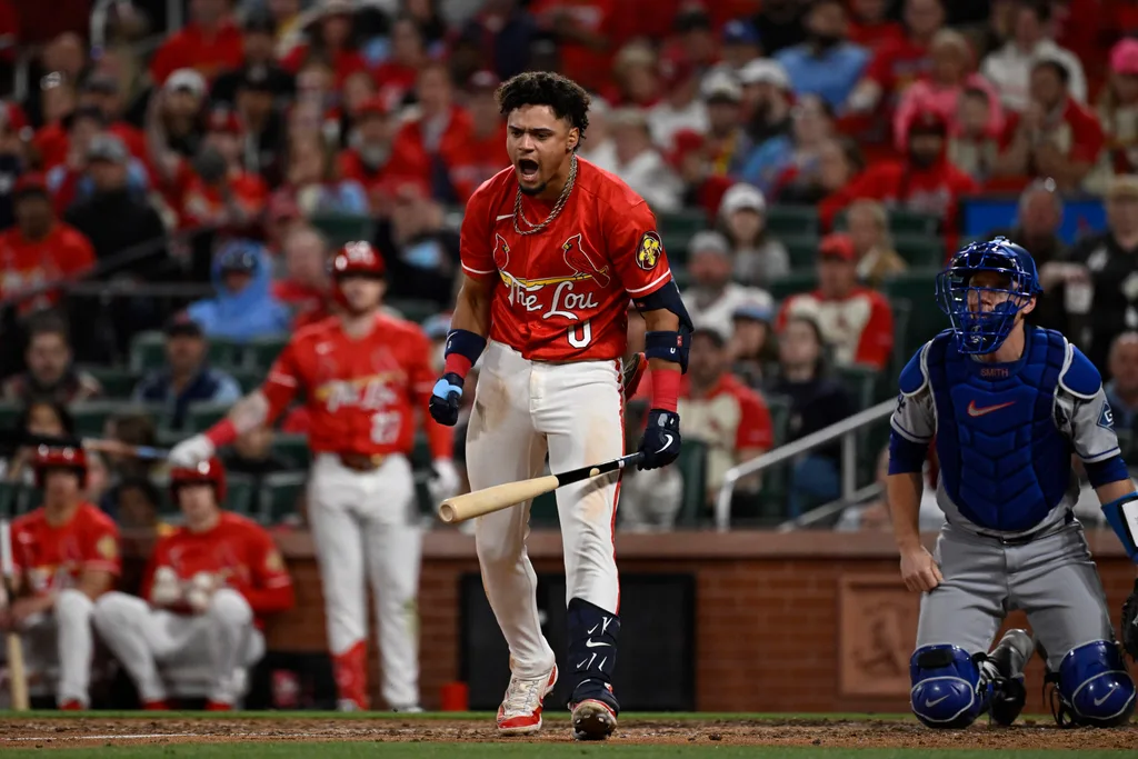 May 1, 2026; St. Louis, Missouri, USA; St. Louis Cardinals shortstop Masyn Winn (0) reacts after being hit by a pitch by the Los Angeles Dodgers in the seventh inning at Busch Stadium. Mandatory Credit: Joe Puetz-Imagn Images