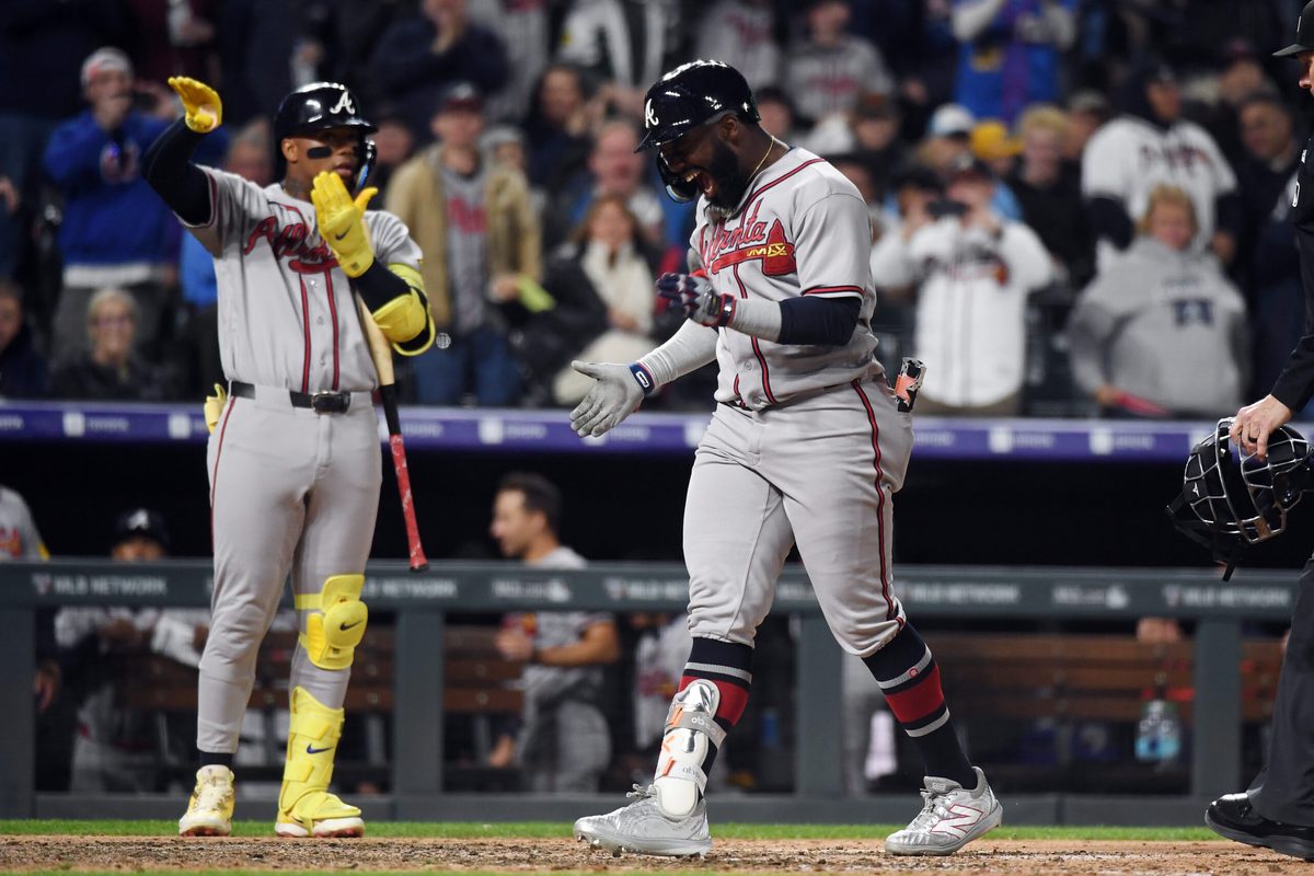 May 1, 2026; Denver, Colorado, USA; Atlanta Braves outfielder Michael Harris II (23) celebrates after hitting the game-winning home run during the ninth inning against the Colorado Rockies at Coors Field. Mandatory Credit: Christopher Hanewinckel-Imagn Images