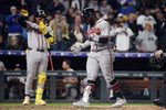 May 1, 2026; Denver, Colorado, USA; Atlanta Braves outfielder Michael Harris II (23) celebrates after hitting the game-winning home run during the ninth inning against the Colorado Rockies at Coors Field. Mandatory Credit: Christopher Hanewinckel-Imagn Images