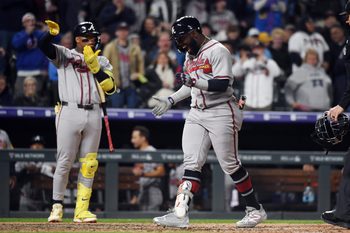 May 1, 2026; Denver, Colorado, USA; Atlanta Braves outfielder Michael Harris II (23) celebrates after hitting the game-winning home run during the ninth inning against the Colorado Rockies at Coors Field. Mandatory Credit: Christopher Hanewinckel-Imagn Images