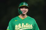May 1, 2026; West Sacramento, California, USA; Athletics first baseman Nick Kurtz (16) smiles during a pitching change during the seventh inning against the Cleveland Guardians at Sutter Health Park. Mandatory Credit: Scott Marshall-Imagn Images