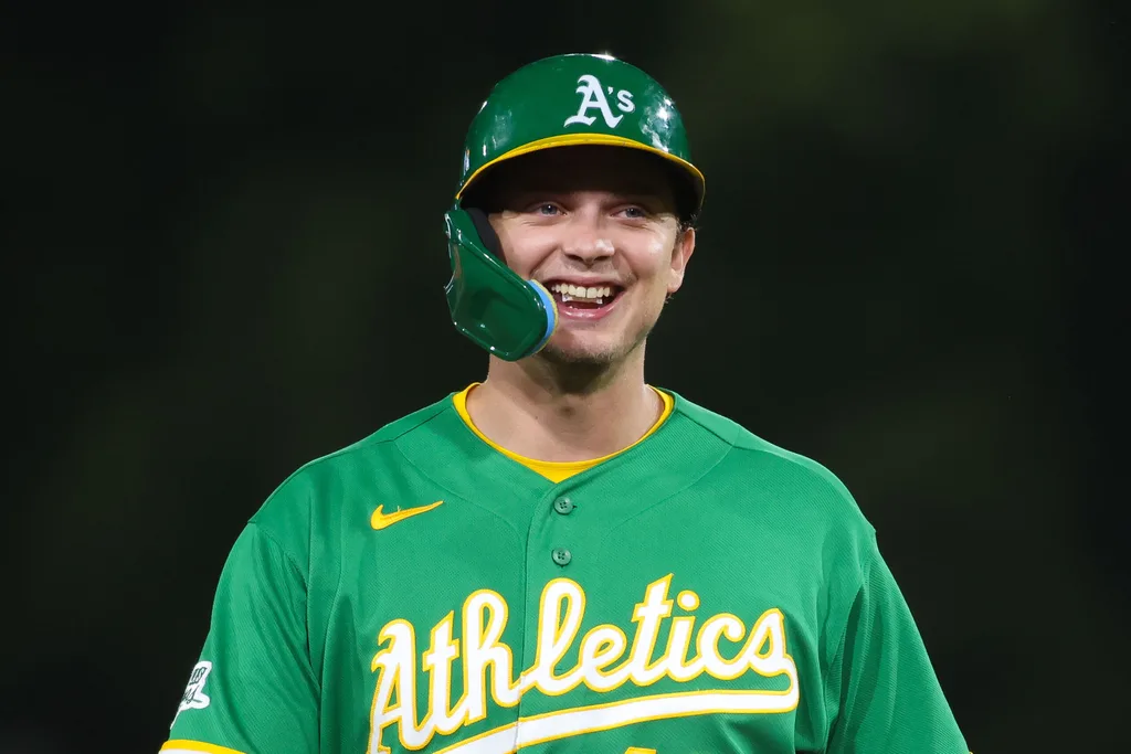 May 1, 2026; West Sacramento, California, USA; Athletics first baseman Nick Kurtz (16) smiles during a pitching change during the seventh inning against the Cleveland Guardians at Sutter Health Park. Mandatory Credit: Scott Marshall-Imagn Images