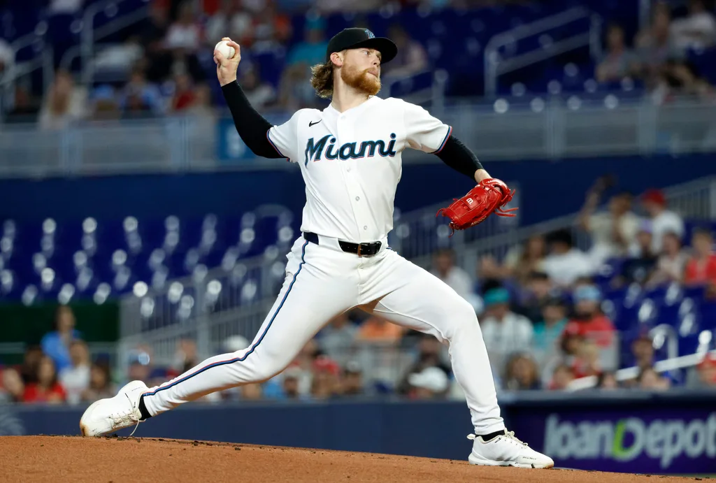 May 2, 2026; Miami, Florida, USA; Miami Marlins starting pitcher Max Meyer (23) throws against the Philadelphia Phillies during the first inning at loanDepot Park. Mandatory Credit: Rhona Wise-Imagn Images