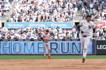 May 2, 2026; Bronx, New York, USA; New York Yankees left fielder Cody Bellinger (35) rounds the bases  after hitting a solo home run during the fifth inning against the Baltimore Orioles at Yankee Stadium. Mandatory Credit: Vincent Carchietta-Imagn Images