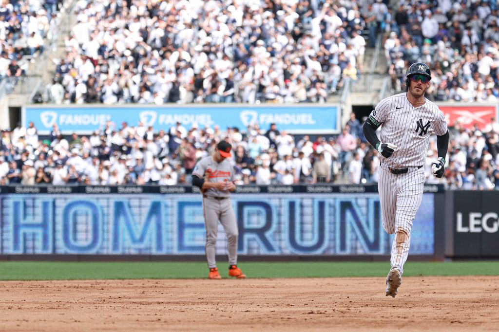 May 2, 2026; Bronx, New York, USA; New York Yankees left fielder Cody Bellinger (35) rounds the bases after hitting a solo home run during the fifth inning against the Baltimore Orioles at Yankee Stadium. Mandatory Credit: Vincent Carchietta-Imagn Images