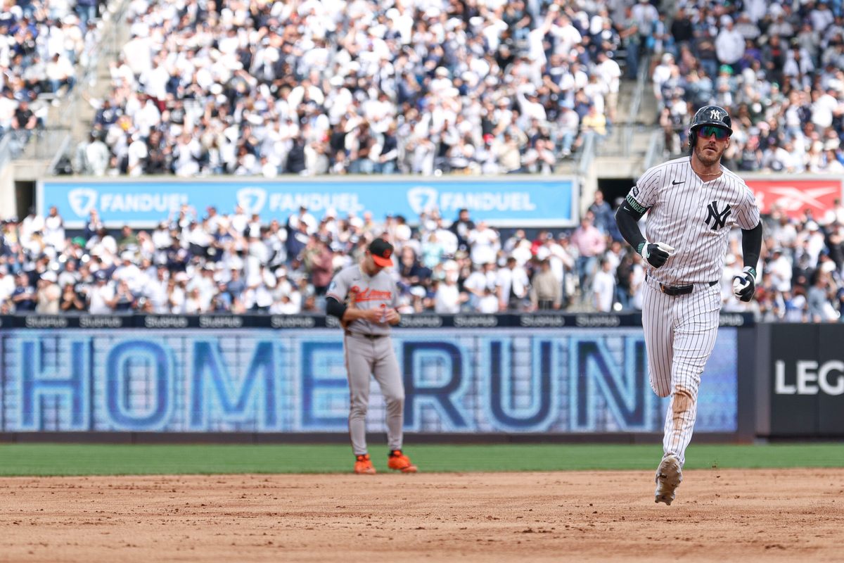 May 2, 2026; Bronx, New York, USA; New York Yankees left fielder Cody Bellinger (35) rounds the bases after hitting a solo home run during the fifth inning against the Baltimore Orioles at Yankee Stadium. Mandatory Credit: Vincent Carchietta-Imagn Images