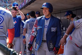 May 2, 2026; Minneapolis, Minnesota, USA; Toronto Blue Jays third baseman Kazuma Okamoto (7) celebrates his solo home run against the Minnesota Twins in the sixth inning at Target Field. Mandatory Credit: Bruce Kluckhohn-Imagn Images