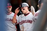 May 2, 2026; West Sacramento, California, USA; Cleveland Guardians second baseman Travis Bazzana (37) is congratulated by teammates after scoring a run against the Athletics during the ninth inning at Sutter Health Park. Mandatory Credit: Dennis Lee-Imagn Images