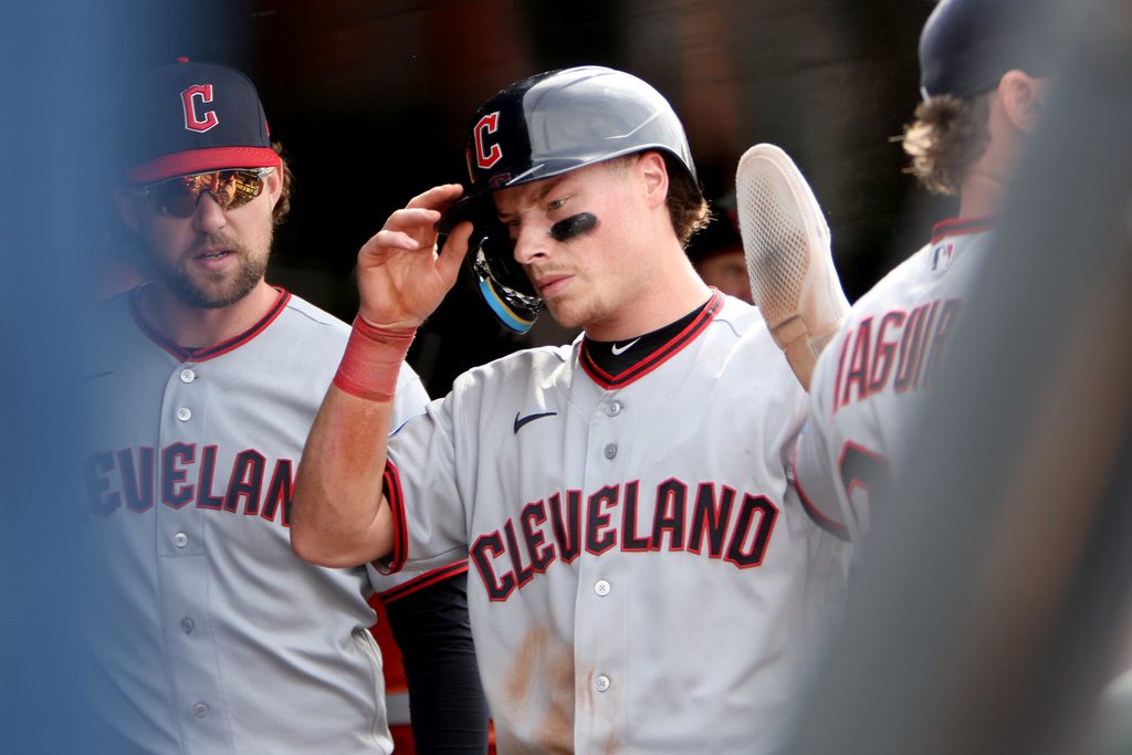 May 2, 2026; West Sacramento, California, USA; Cleveland Guardians second baseman Travis Bazzana (37) is congratulated by teammates after scoring a run against the Athletics during the ninth inning at Sutter Health Park. Mandatory Credit: Dennis Lee-Imagn Images