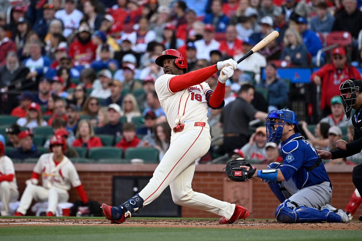 May 2, 2026; St. Louis, Missouri, USA; St. Louis Cardinals right fielder Jordan Walker (18) hits a two-run home run against the Los Angeles Dodgers in the third inning at Busch Stadium. Mandatory Credit: Joe Puetz-Imagn Images