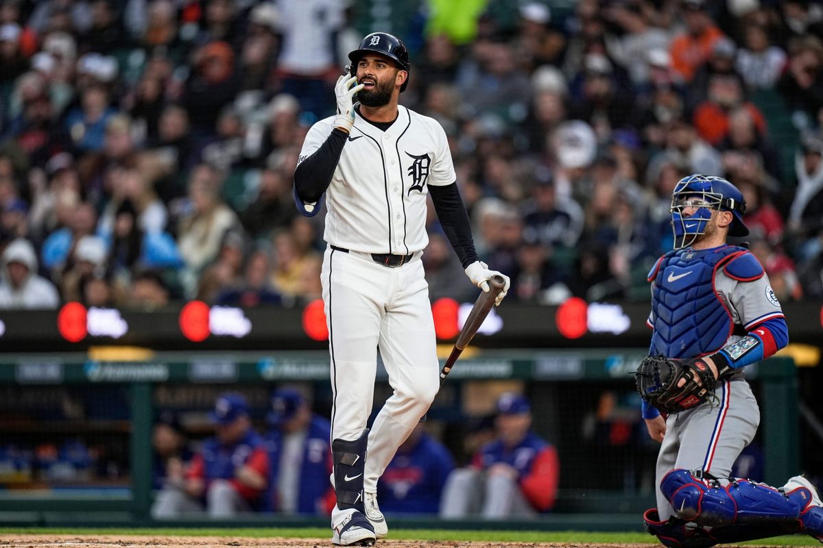 Detroit Tigers left fielder Riley Greene (31) looks on before batting against Texas Rangers during the third inning at Comerica Park in Detroit on Saturday, May 2, 2026.