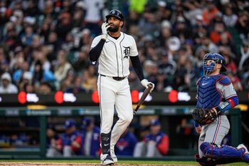 Detroit Tigers left fielder Riley Greene (31) looks on before batting against Texas Rangers during the third inning at Comerica Park in Detroit on Saturday, May 2, 2026.