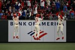 May 2, 2026; St. Louis, Missouri, USA; St. Louis Cardinals center fielder Victor Scott II (11), St. Louis Cardinals left fielder Nathan Church (27) and St. Louis Cardinals right fielder Jordan Walker (18) celebrate after beating the Los Angeles Dodgers at Busch Stadium. Mandatory Credit: Joe Puetz-Imagn Images