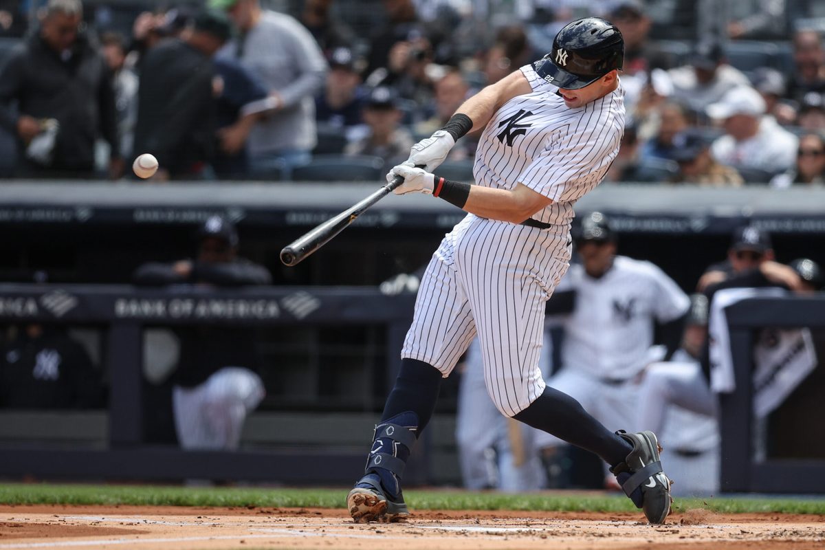 May 3, 2026; Bronx, New York, USA;  New York Yankees first baseman Ben Rice (22) hits a solo home run in the first inning against the Baltimore Orioles at Yankee Stadium. Mandatory Credit: Wendell Cruz-Imagn Images