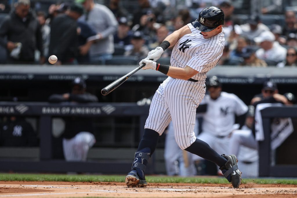 May 3, 2026; Bronx, New York, USA; New York Yankees first baseman Ben Rice (22) hits a solo home run in the first inning against the Baltimore Orioles at Yankee Stadium. Mandatory Credit: Wendell Cruz-Imagn Images