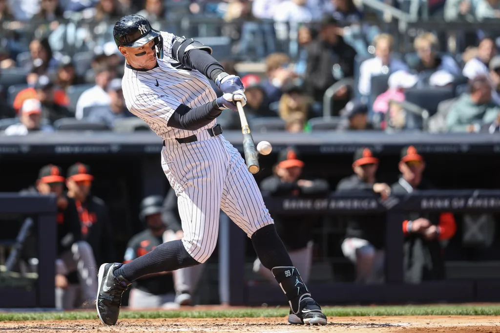 May 3, 2026; Bronx, New York, USA; New York Yankees right fielder Aaron Judge (99) hits a two run home run in the third inning against the Baltimore Orioles at Yankee Stadium. Mandatory Credit: Wendell Cruz-Imagn Images