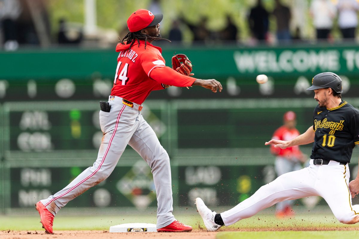 May 3, 2026; Pittsburgh, Pennsylvania, USA; Cincinnati Reds shortstop Elly De La Cruz (44) makes the throw to complete a double play as Pittsburgh Pirates left fielder Bryan Reynolds (10) slides into second base during the seventh inning at PNC Park. Mandatory Credit: Scott Galvin-Imagn Images