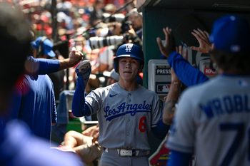 May 3, 2026; St. Louis, Missouri, USA; Los Angeles Dodgers shortstop Hyeseong Kim (6) is congratulated after scoring a run against the St. Louis Cardinals in the fifth inning at Busch Stadium. Mandatory Credit: Joe Puetz-Imagn Images