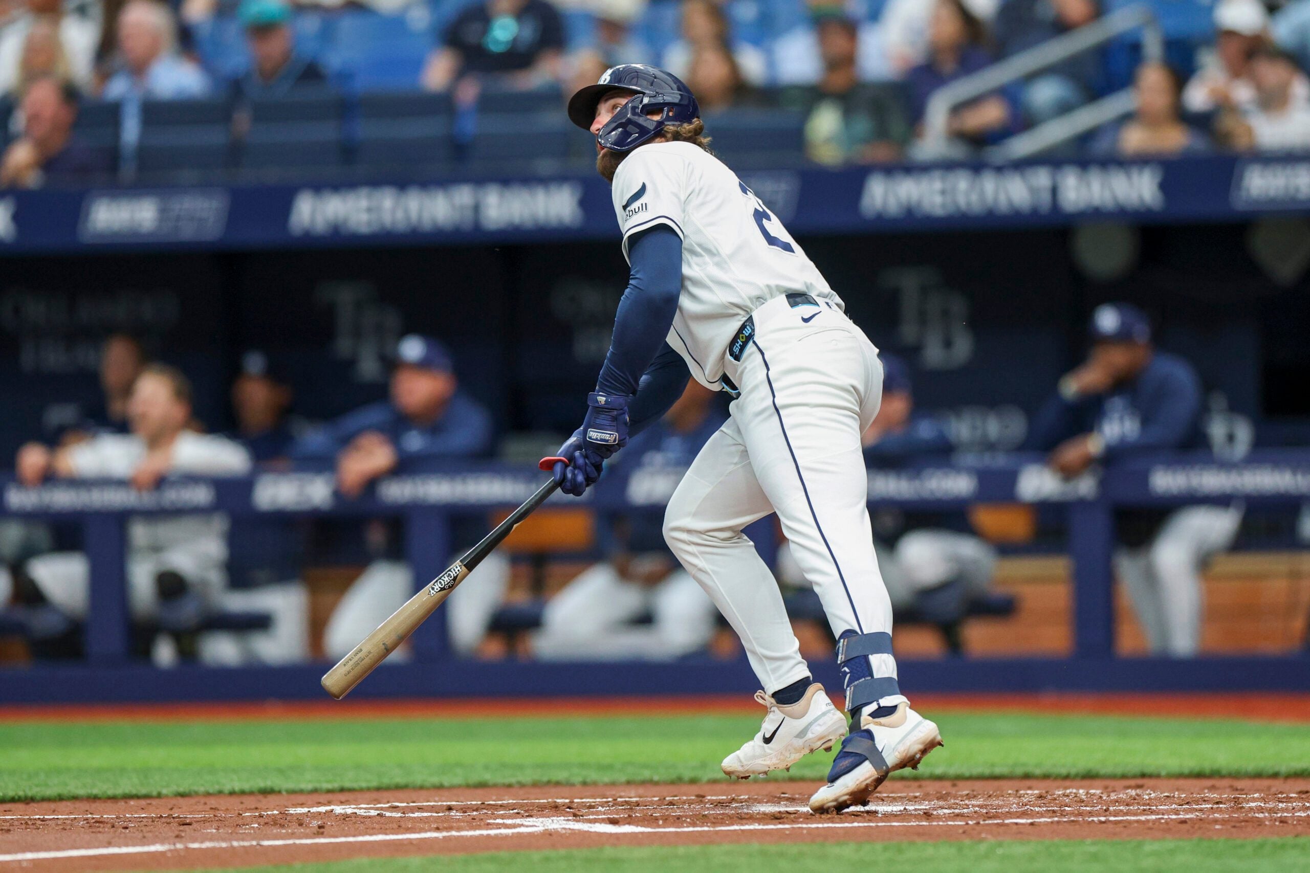 May 4, 2026; St. Petersburg, Florida, USA; Tampa Bay Rays right fielder Ryan Vilade (26) hits a three-run home run against the Toronto Blue Jays in the first inning at Tropicana Field. Mandatory Credit: Nathan Ray Seebeck-Imagn Images