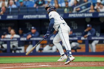 May 4, 2026; St. Petersburg, Florida, USA; Tampa Bay Rays right fielder Ryan Vilade (26) hits a three-run home run against the Toronto Blue Jays in the first inning at Tropicana Field. Mandatory Credit: Nathan Ray Seebeck-Imagn Images