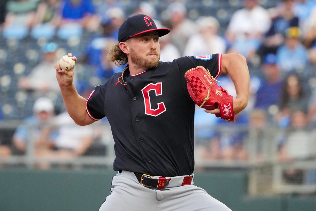 May 4, 2026; Kansas City, Missouri, USA; Cleveland Guardians starting pitcher Tanner Bibee (28) delivers a pitch against the Kansas City Royals during the first inning at Kauffman Stadium. Mandatory Credit: Denny Medley-Imagn Images