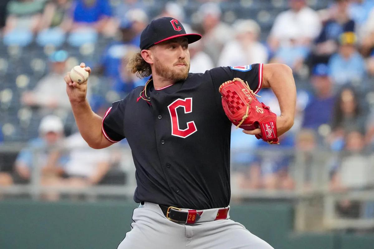 May 4, 2026; Kansas City, Missouri, USA; Cleveland Guardians starting pitcher Tanner Bibee (28) delivers a pitch against the Kansas City Royals during the first inning at Kauffman Stadium. Mandatory Credit: Denny Medley-Imagn Images