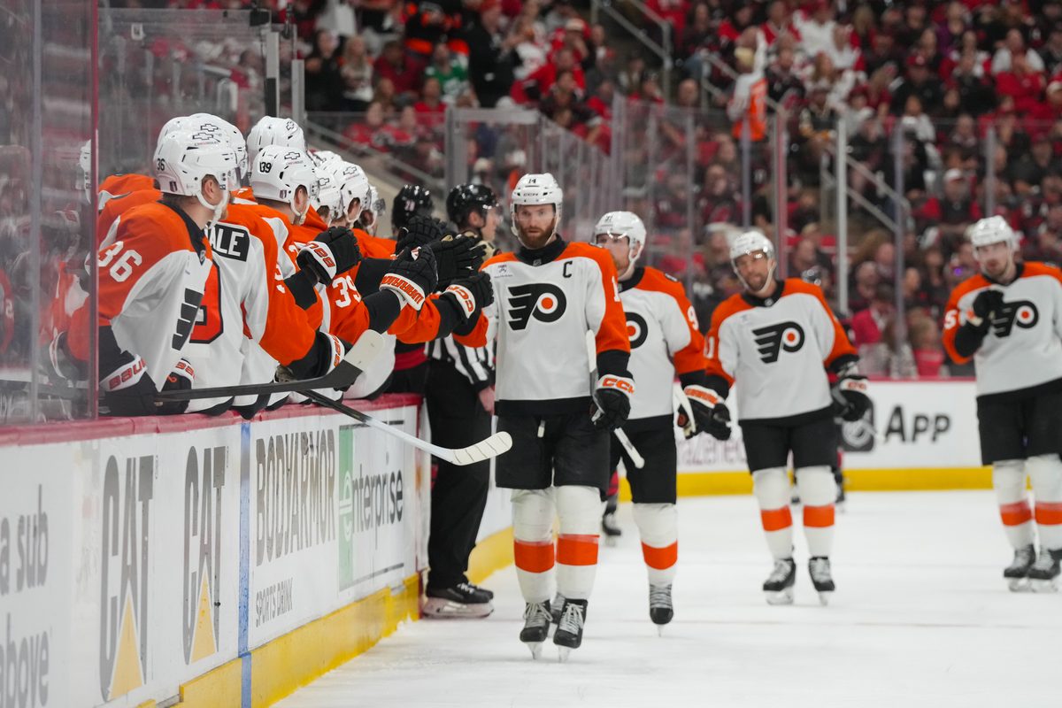 May 4, 2026; Raleigh, North Carolina, USA; Philadelphia Flyers center Sean Couturier (14) celebrates his goal against the Carolina Hurricanes during the first period in game two of the second round of the 2026 Stanley Cup Playoffs at Lenovo Center. Mandatory Credit: James Guillory-Imagn Images