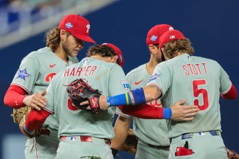 May 4, 2026; Miami, Florida, USA; Philadelphia Phillies first baseman Bryce Harper (3) celebrates with  teammates after the game against the Miami Marlins at loanDepot Park. Mandatory Credit: Sam Navarro-Imagn Images