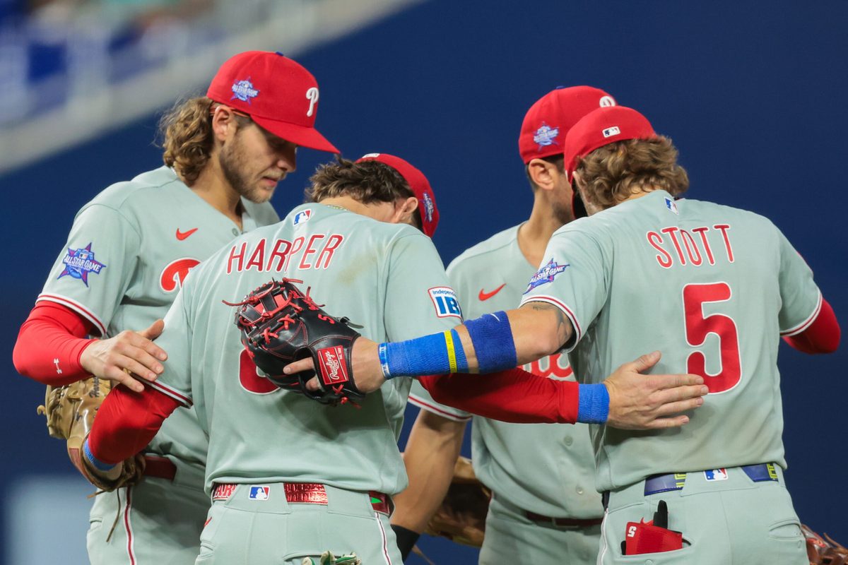 May 4, 2026; Miami, Florida, USA; Philadelphia Phillies first baseman Bryce Harper (3) celebrates with teammates after the game against the Miami Marlins at loanDepot Park. Mandatory Credit: Sam Navarro-Imagn Images