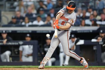 May 4, 2026; Bronx, New York, USA;  Baltimore Orioles shortstop Gunnar Henderson (2) singles during the third inning against the New York Yankees at Yankee Stadium. Mandatory Credit: Vincent Carchietta-Imagn Images