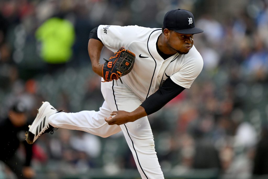 May 5, 2026; Detroit, Michigan, USA; Detroit Tigers starting pitcher Framber Valdez (59) throws a pitch against the Boston Red Sox in the first inning at Comerica Park. Mandatory Credit: Lon Horwedel-Imagn Images
