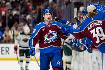 May 5, 2026; Denver, Colorado, USA; Colorado Avalanche center Martin Necas (88) celebrates after scoring a goal against the Minnesota Wild in game two of the second round of the 2026 Stanely Cup Playoffs at Ball Arena. Mandatory Credit: Ron Chenoy-Imagn Images