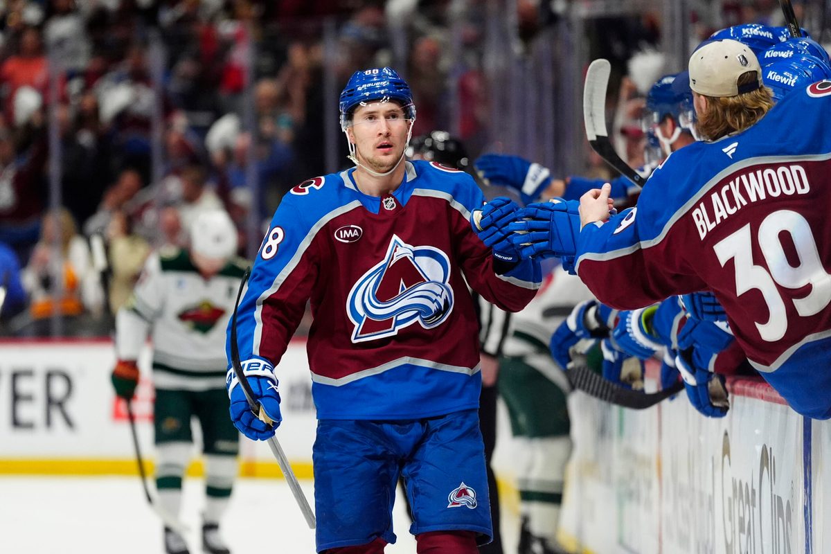 May 5, 2026; Denver, Colorado, USA; Colorado Avalanche center Martin Necas (88) celebrates after scoring a goal against the Minnesota Wild in game two of the second round of the 2026 Stanely Cup Playoffs at Ball Arena. Mandatory Credit: Ron Chenoy-Imagn Images