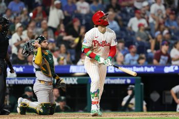 May 5, 2026; Philadelphia, Pennsylvania, USA; Philadelphia Phillies first baseman Bryce Harper (3) hits a two RBI home run during the eighth inning against the Athletics at Citizens Bank Park. Mandatory Credit: Bill Streicher-Imagn Images