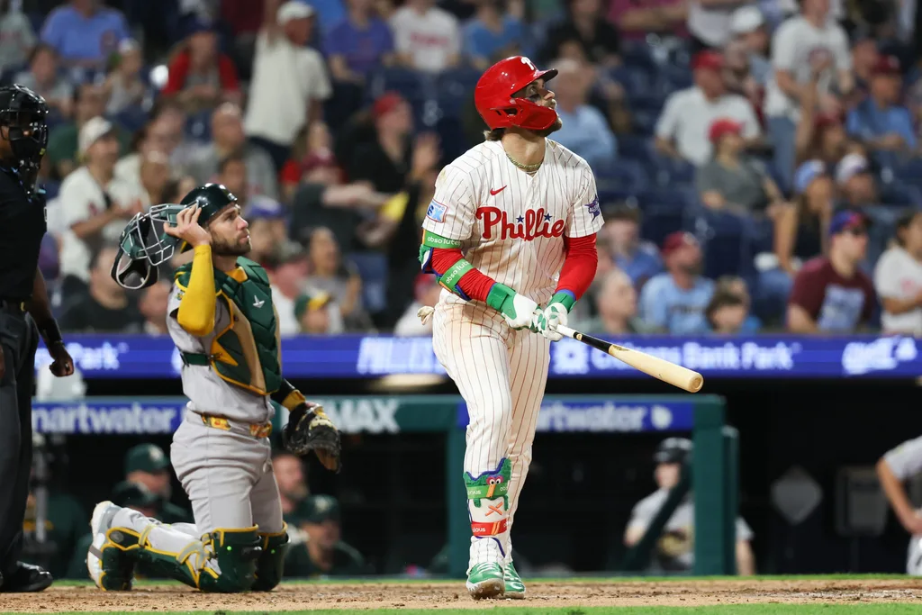 May 5, 2026; Philadelphia, Pennsylvania, USA; Philadelphia Phillies first baseman Bryce Harper (3) hits a two RBI home run during the eighth inning against the Athletics at Citizens Bank Park. Mandatory Credit: Bill Streicher-Imagn Images