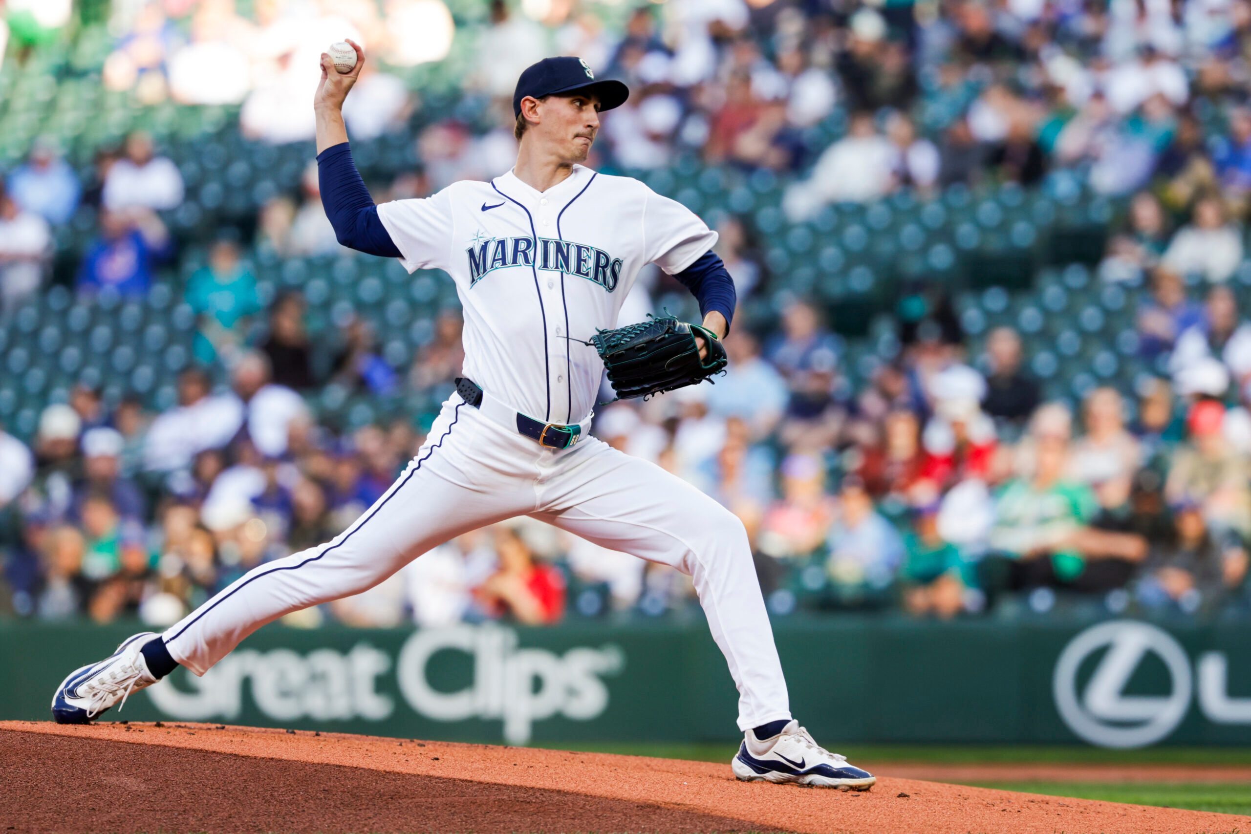 May 5, 2026; Seattle, Washington, USA; Seattle Mariners starting pitcher George Kirby (68) throws against the Atlanta Braves during the first inning at T-Mobile Park. Mandatory Credit: Joe Nicholson-Imagn Images