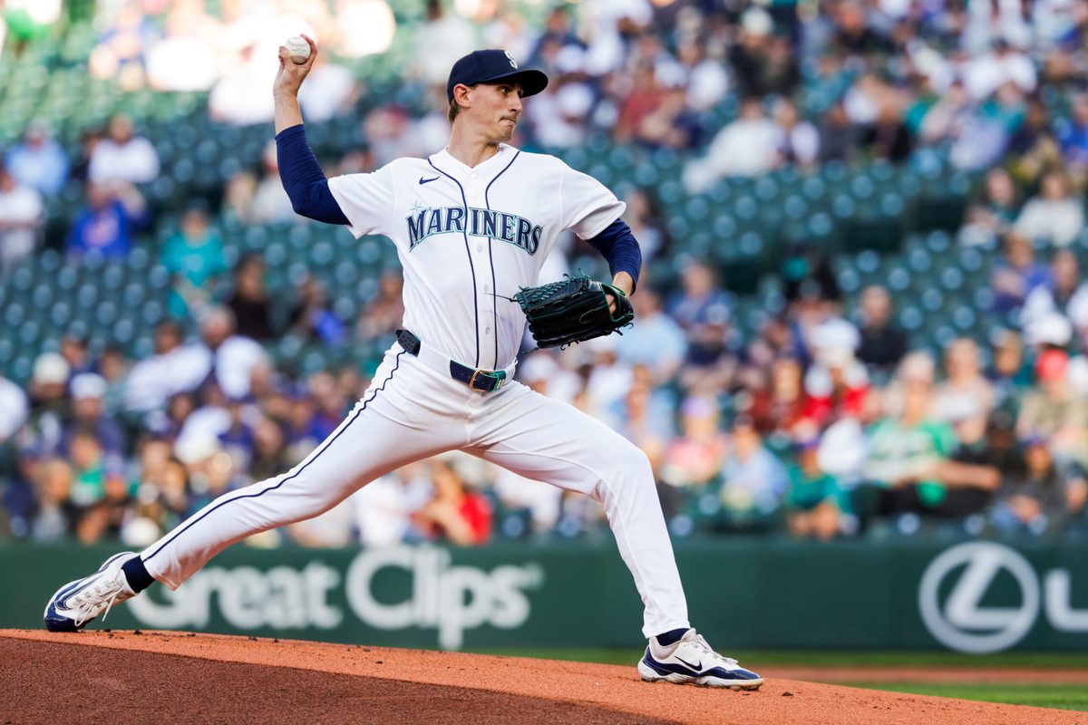 May 5, 2026; Seattle, Washington, USA; Seattle Mariners starting pitcher George Kirby (68) throws against the Atlanta Braves during the first inning at T-Mobile Park. Mandatory Credit: Joe Nicholson-Imagn Images