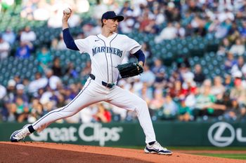 May 5, 2026; Seattle, Washington, USA; Seattle Mariners starting pitcher George Kirby (68) throws against the Atlanta Braves during the first inning at T-Mobile Park. Mandatory Credit: Joe Nicholson-Imagn Images