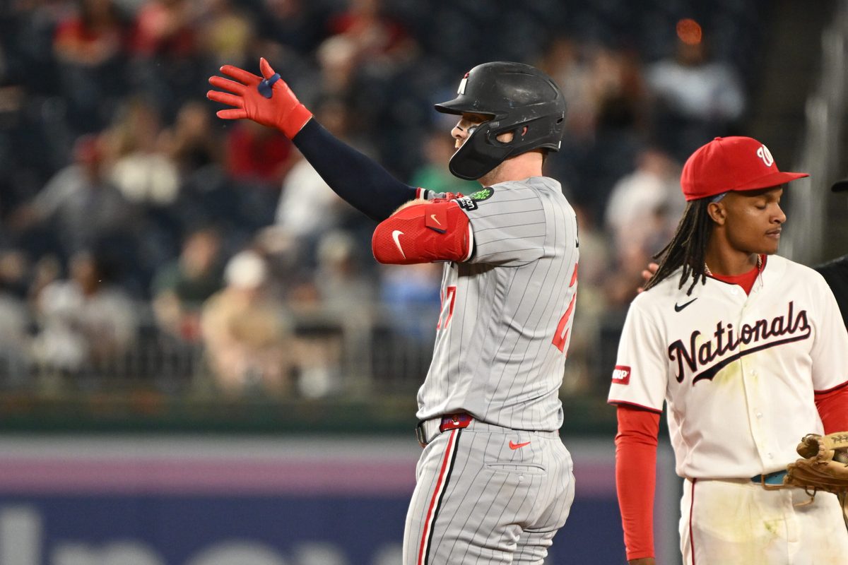 May 5, 2026; Washington, District of Columbia, USA;  Minnesota Twins catcher Ryan Jeffers (27) reacts after hitting a double against the Washington Nationals during the seventh inning at Nationals Park. Mandatory Credit: Rafael Suanes-Imagn Images
