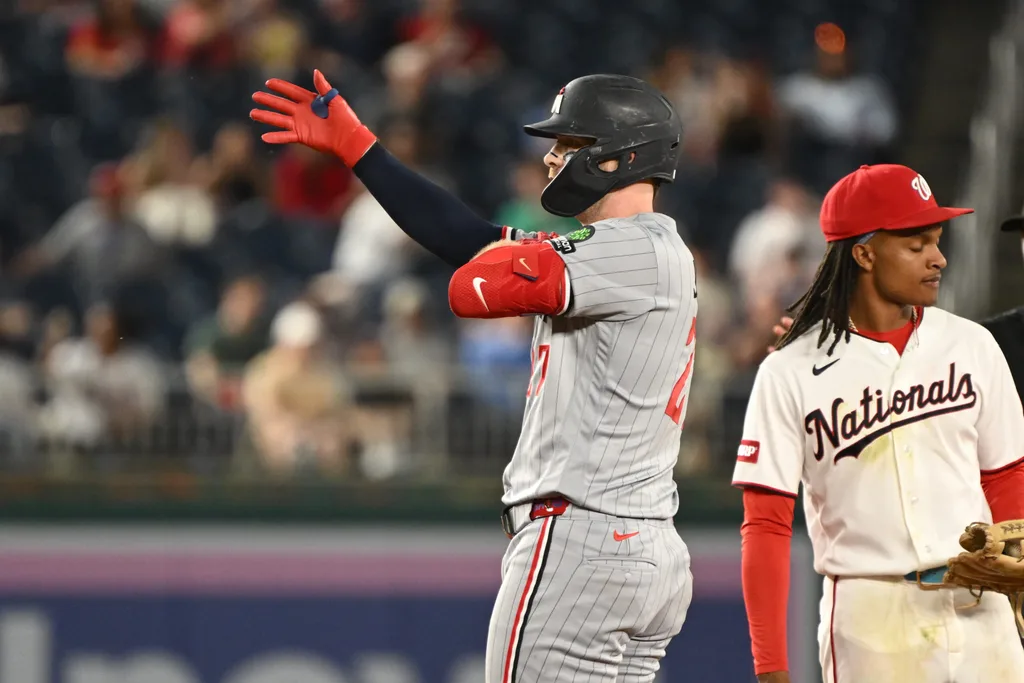 May 5, 2026; Washington, District of Columbia, USA; Minnesota Twins catcher Ryan Jeffers (27) reacts after hitting a double against the Washington Nationals during the seventh inning at Nationals Park. Mandatory Credit: Rafael Suanes-Imagn Images