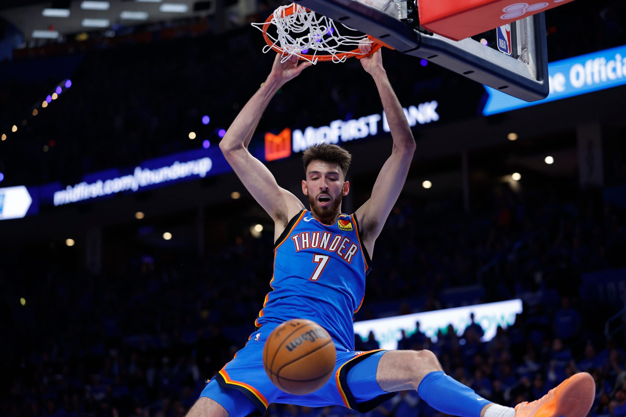 May 5, 2026; Oklahoma City, Oklahoma, USA; Oklahoma City Thunder center Chet Holmgren (7) dunks against the Los Angeles Lakers in the second half during game one of the second round of the 2026 NBA Playoffs at Paycom Center. Mandatory Credit: Alonzo Adams-Imagn Images