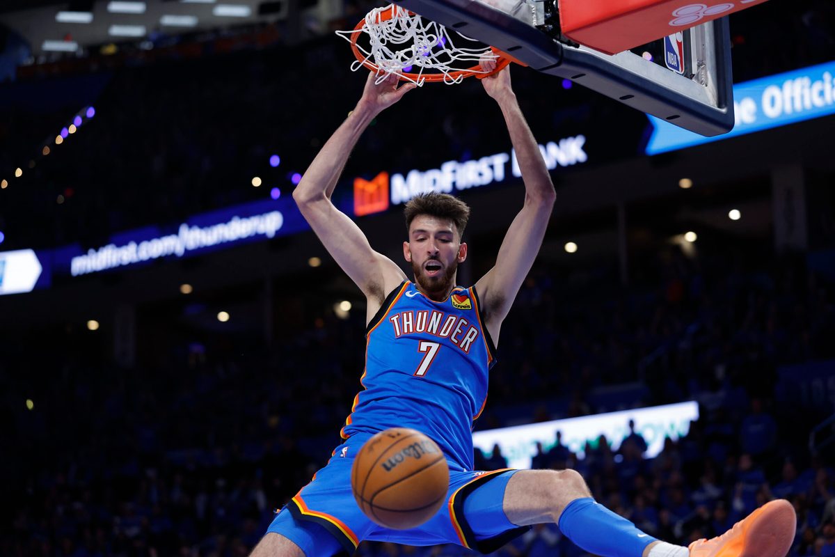May 5, 2026; Oklahoma City, Oklahoma, USA; Oklahoma City Thunder center Chet Holmgren (7) dunks against the Los Angeles Lakers in the second half during game one of the second round of the 2026 NBA Playoffs at Paycom Center. Mandatory Credit: Alonzo Adams-Imagn Images