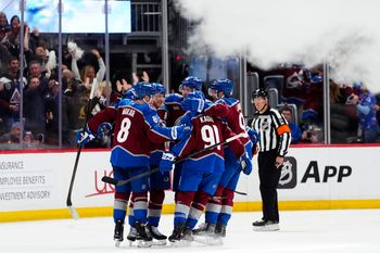 May 5, 2026; Denver, Colorado, USA; Colorado Avalanche center Nathan MacKinnon (29) celebrates his goal with teammates during the third period against the Minnesota Wild in game two of the second round of the 2026 Stanley Cup Playoffs at Ball Arena. Mandatory Credit: Ron Chenoy-Imagn Images
