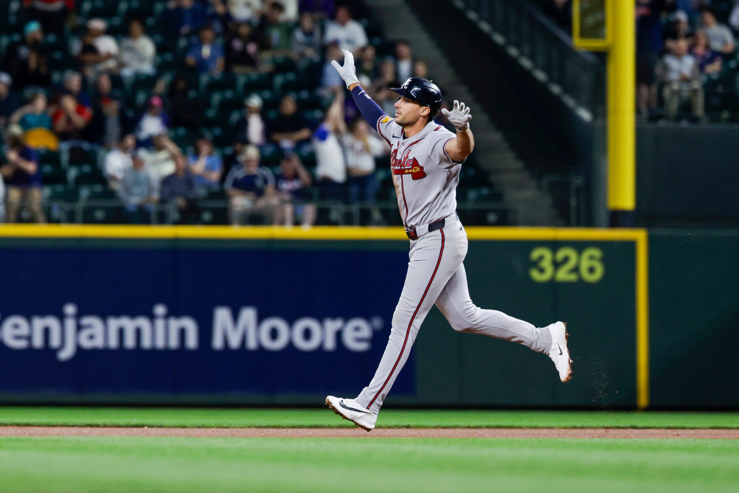 May 5, 2026; Seattle, Washington, USA; Atlanta Braves first baseman Matt Olson (28) runs the bases after hitting a solo-home run against the Seattle Mariners during the ninth inning at T-Mobile Park. Mandatory Credit: Joe Nicholson-Imagn Images