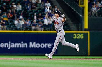 May 5, 2026; Seattle, Washington, USA; Atlanta Braves first baseman Matt Olson (28) runs the bases after hitting a solo-home run against the Seattle Mariners during the ninth inning at T-Mobile Park. Mandatory Credit: Joe Nicholson-Imagn Images